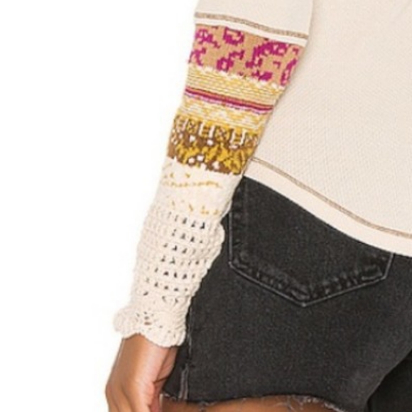 Free People In The Mix Cuff Waffle Knit Linen Combo Thermal LS Tee Size Med NWT - Picture 7 of 13